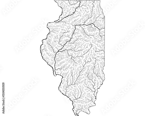 Illinois River Map - Detailed Hydrographic Network & Waterways | Minimalist Vector Art, Black on Transparent with State Outline | GIS & Cartography Stock Image