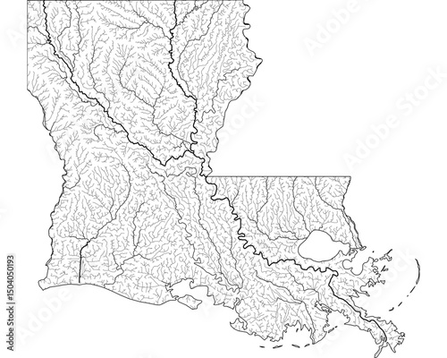 Louisiana River Map - Detailed Hydrographic Network & Waterways | Minimalist Vector Art, Black on Transparent with State Outline | GIS & Cartography Stock Image