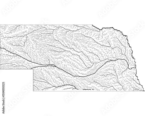 Nebraska River Map - Detailed Hydrographic Network & Waterways | Minimalist Vector Art, Black on Transparent with State Outline | GIS & Cartography Stock Image