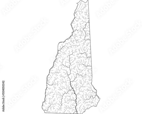 New Hampshire River Map - Detailed Hydrographic Network & Waterways | Minimalist Vector Art, Black on Transparent with State Outline | GIS & Cartography Stock Image