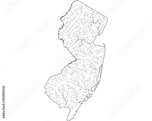 New Jersey River Map - Detailed Hydrographic Network & Waterways | Minimalist Vector Art, Black on Transparent with State Outline | GIS & Cartography Stock Image