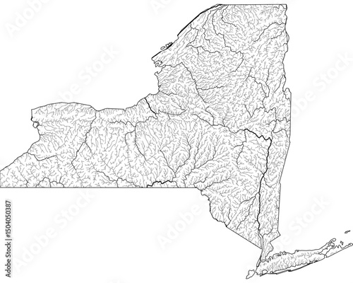 New York River Map - Detailed Hydrographic Network & Waterways | Minimalist Vector Art, Black on Transparent with State Outline | GIS & Cartography Stock Image