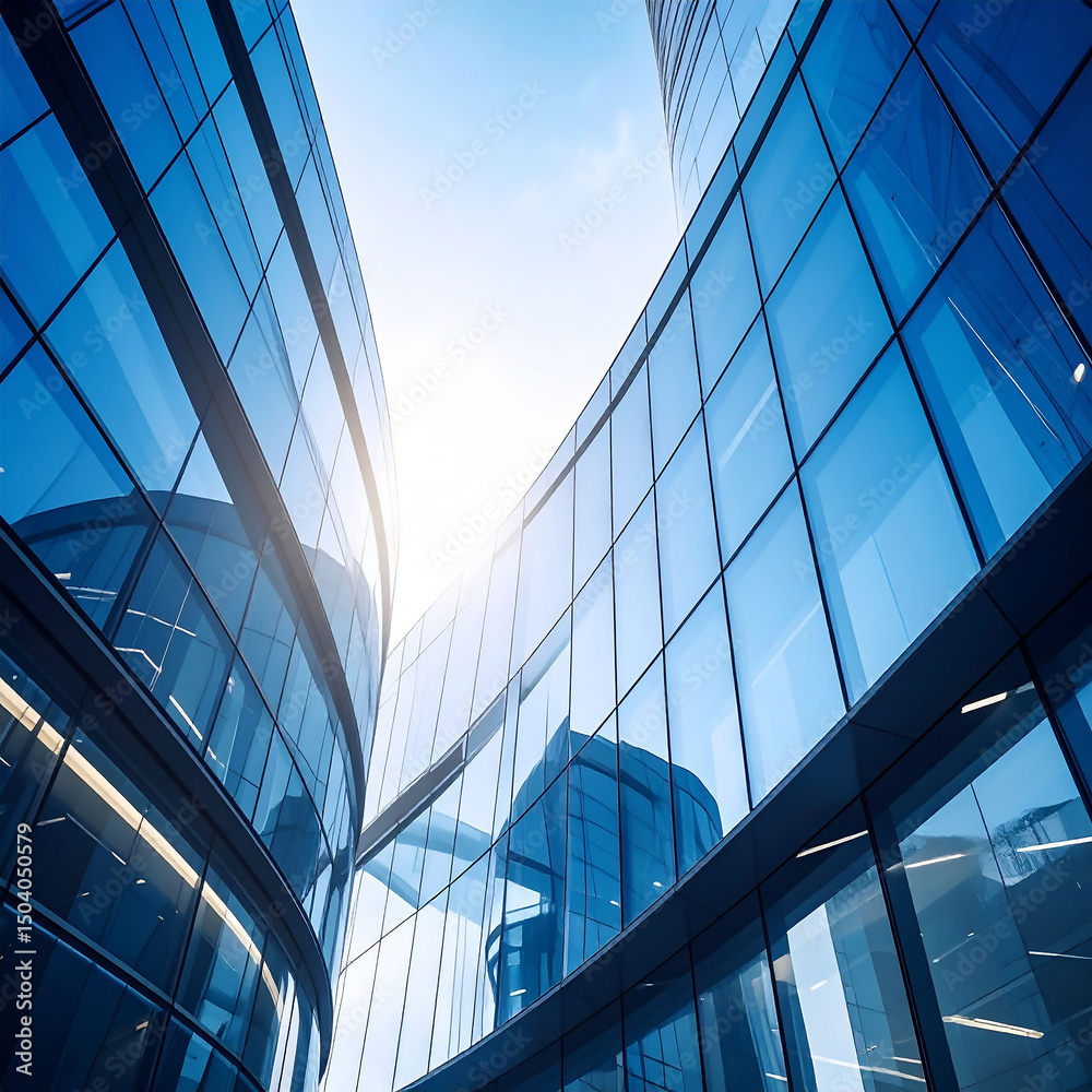 Obraz premium Low angle view of futuristic architecture, Skyscraper of office building with curve glass window, AI generative