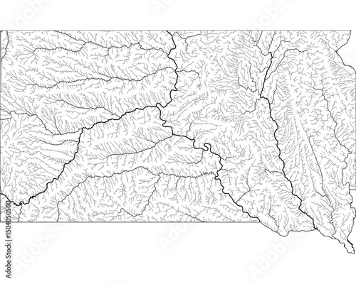 South Dakota River Map - Detailed Hydrographic Network & Waterways | Minimalist Vector Art, Black on Transparent with State Outline | GIS & Cartography Stock Image