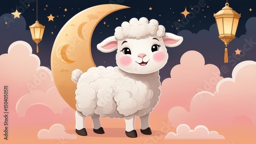 Eid al-Adha: Bakra Eid Painting with Festive Decorations, cow, lamb, cattle, camel, sheep.