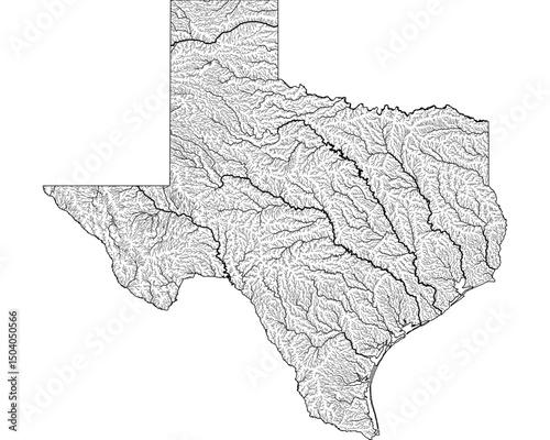 Texas River Map - Detailed Hydrographic Network & Waterways | Minimalist Vector Art, Black on Transparent with State Outline | GIS & Cartography Stock Image