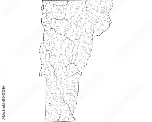 Vermont River Map - Detailed Hydrographic Network & Waterways | Minimalist Vector Art, Black on Transparent with State Outline | GIS & Cartography Stock Image