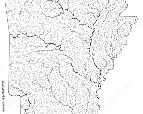 Arkansas River Map - Detailed Hydrographic Network & Waterways | Minimalist Vector Art, Black on Transparent with State Outline | GIS & Cartography Stock Image