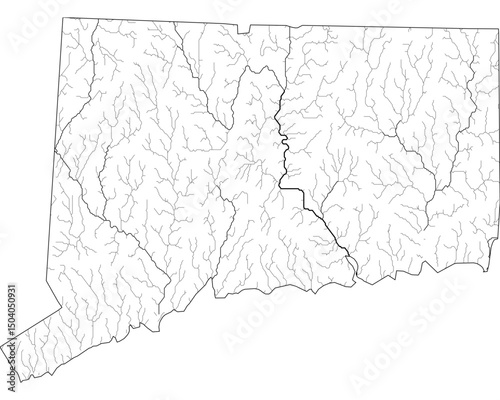 Minimalist River Map of Connecticut, USA: Detailed Hydrographic Network & Waterways. Black Lines on Transparent Background with State Outline. Vector Art for GIS, Cartography, Education, Design