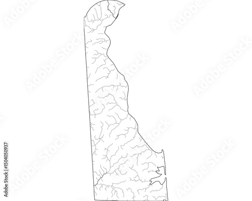 Minimalist River Map of Delaware, USA: Detailed Hydrographic Network & Waterways. Black Lines on Transparent Background with State Outline. Vector Art for GIS, Cartography, Education, Design
