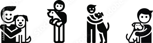 Vector silhouette of a boy hugging a dog on a plain white background

