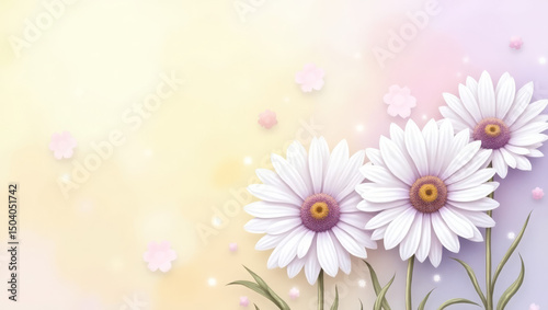 Minimalist floral illustration with three white daisies with yellow centers on a soft pastel gradient background  , with space for text.   