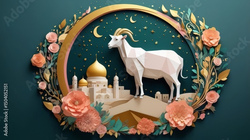 Eid al-Adha: Bakra Eid Painting with Festive Decorations, cow, cattle, camel, lamb, illustration, Background