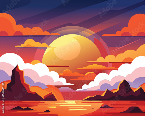 Stunning Sunset Landscape. Vibrant Sky over Mountains and Sea