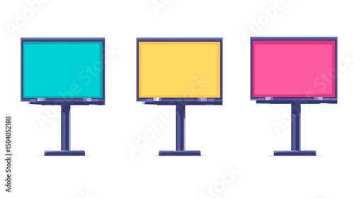 Three Colorful Blank Billboards on Posts Isolated Against White Background for Advertising and Marketing Purposes