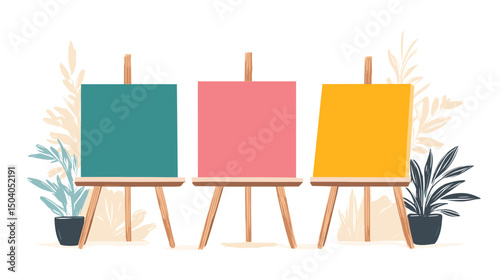 Three Colorful Blank Canvases on Easels with Potted Plants Against a White Background