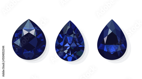 Three Deep Blue Pear Cut Sapphires with Facets on a White Background in High Detail