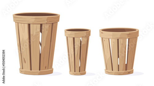Three Different Sized Wooden Baskets on a White Background in Pixel Art Style