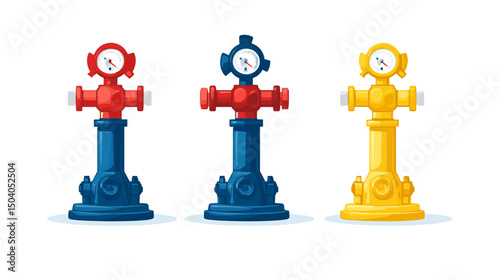 Three Fire Hydrants in Red Blue and Yellow Isolated on White Pixel Art Style