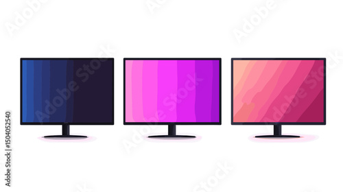 Three Flat Screen Monitors Displaying Gradient Patterns in Vibrant Blue Purple and Red Colors on a White Background