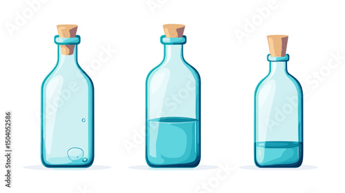 Three Glass Bottles with Cork Stoppers Filled with Varying Levels of Blue Liquid in Pixel Art Style on a White Background