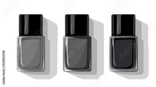 Three Gray Nail Polish Bottles in a Row with Modern Design on White Surface with Subtle Shadows for Adobe Stock Photos