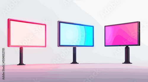 Three Illuminated Blank Billboards with Pink Blue and White Screens Against a Plain Backdrop for Advertising and Promotion