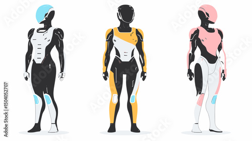 Three Isolated Full Body Robots in Blue Yellow and Pink on a White Background