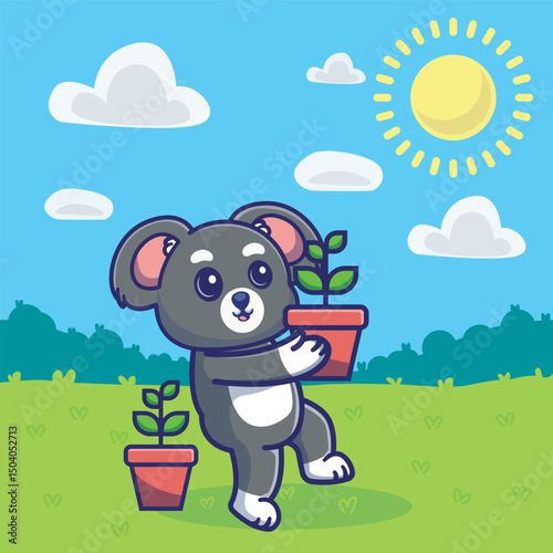 Delightful illustration of bear carrying a plant pot to towards the sun, symbolizing growth, nurturing, and love for nature. Perfect for environmental campaigns, gardening projects.