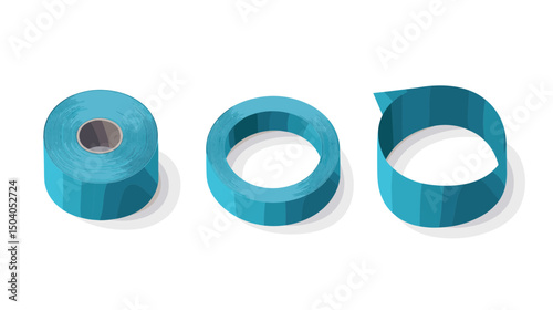 Three Isometric Blue Tape Rolls with Different Unrolling Stages on a White Backdrop For Industrial Home and Office Use
