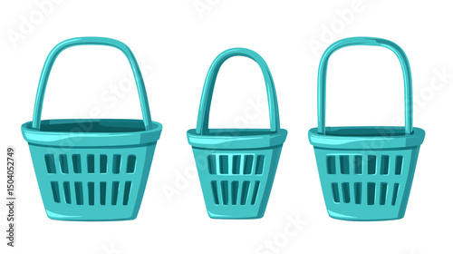 Three Light Blue Pixelated Woven Baskets of Different Sizes on a White Background in Isometric Style