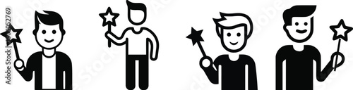 Vector silhouette of a boy holding a star wand on a plain white background

