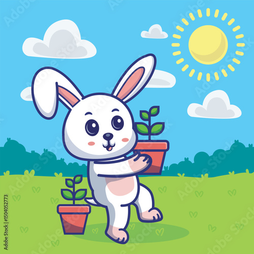Delightful illustration of cute rabbit  carrying a plant pot to towards the sun, symbolizing growth, nurturing, and love for nature. Perfect for environmental campaigns, gardening projects.