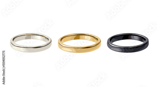 Three Metal Rings in Gold Silver and Black in a Row Minimalist Design Isolated on a White Background