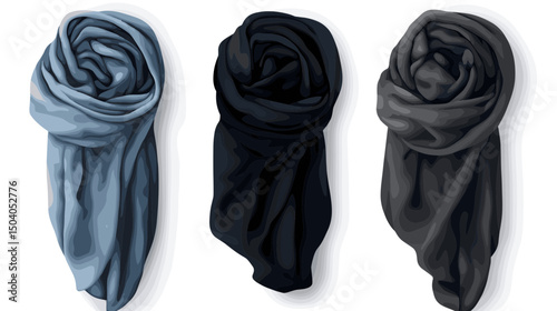 Three Knitted Scarves in Blue Black and Gray Draped and Positioned Side by Side on a White Background