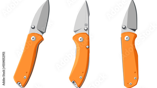 Three Orange Pocket Knives with Sharp Silver Blades Close Up Views on Isolated White Background