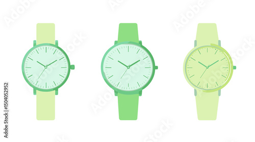 Three Pastel Green Wrist Watches with Analog Dials in a Clean Minimalist Style Isolated on a White Background
