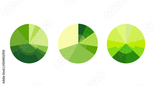 Three Pie Charts Displaying Different Segments of Green Color on White Backdrop Showing Diverse Data Distributions