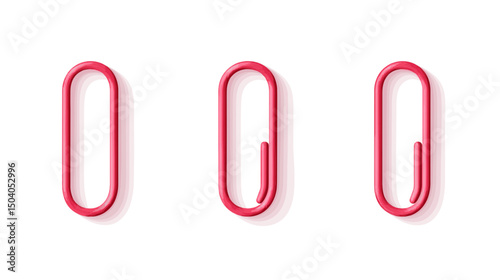 Three Pink Paperclips Arranged on White Background for Office or School Stationery Supplies and Document Organization