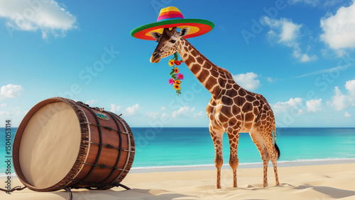 Giraffe Enjoying Reggae Rhythms by the Ocean