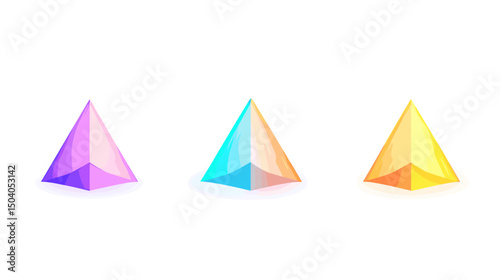 Three Pixel Art Pyramids in Purple Teal and Yellow with Geometric Shapes Against a White Background