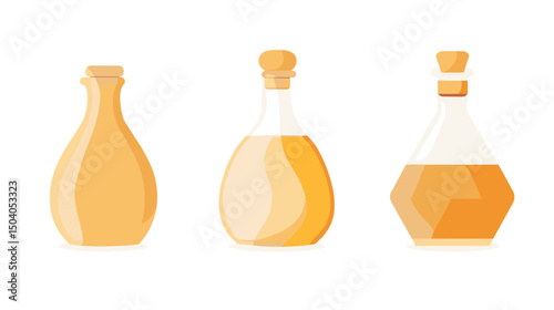 Three Pixelated Glass Bottles with Corks and Yellow Liquid Isolated on White Background Perfect for Culinary or Cosmetic Concepts