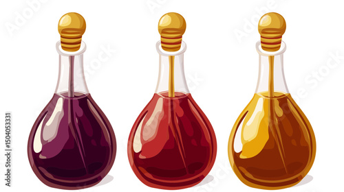 Three Pixelated Glass Bottles with Purple Red and Yellow Liquids Retro Design