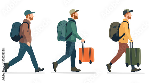 Three Pixelated Men Walking with Backpacks and Suitcases in Varied Colors Isolated on White Background