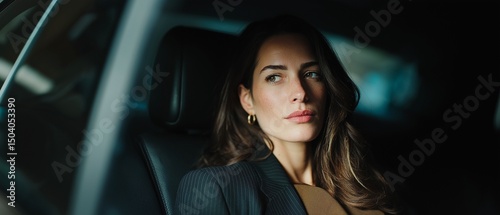 A assured businesswoman sits in a luxury car's backseat.