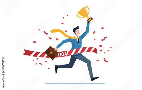 Triumphant Vector Flat Illustration Business Success, Goal Achievement, Winning Strategy, Celebrating Victory, Reaching the Finish Line