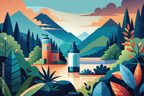 Serene Lake Landscape. Mountains. Forest. and Sunset View