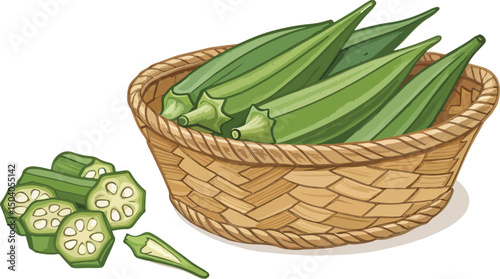 Ladies Finger Okra in Wicker Basket on White Background Vector