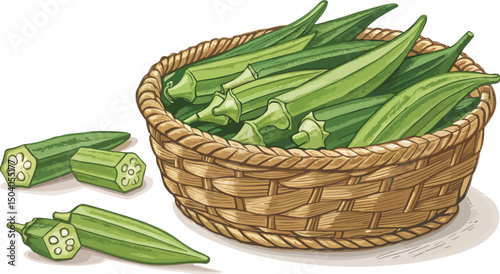 Ladies Finger Okra in Wicker Basket on White Background Vector