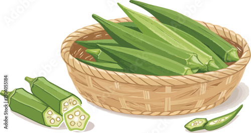 Ladies Finger Vegetable in Wicker Basket on White Background Vector Design
